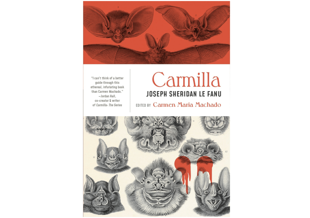 A cover of the book Carmilla showing sketched images of bats. The top quarter is colored red and the bottom is pencil.