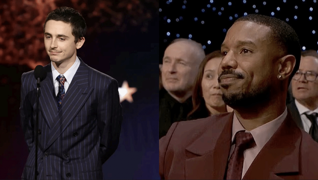 Image on left: Timothée Chalamet winning critics choice for best actor (credit: Kevin Winter/Getty Images for Critics Choice Association) Image on right: Michael B. Jordan reacting to Chalamet's Win