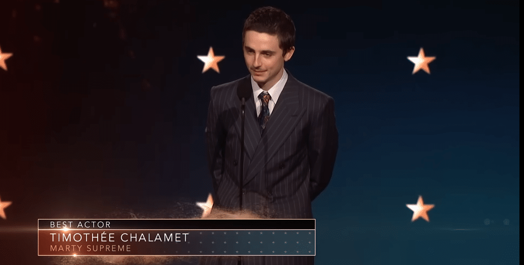 Timothée Chalamet accepting his "Best Actor" award for "Marty Supreme."