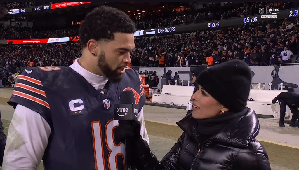 Caleb Williams, moments after rallying the Bears past the Packers on Wild Card Weekend.