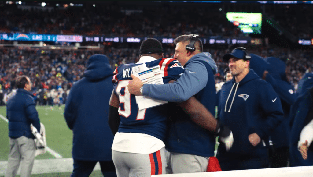 Vrabel and Milton Williams react after a key play sparks New England against the Chargers.