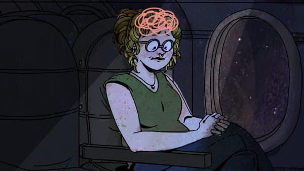 A girl in an airplane with an anxious bubble on top of her head.