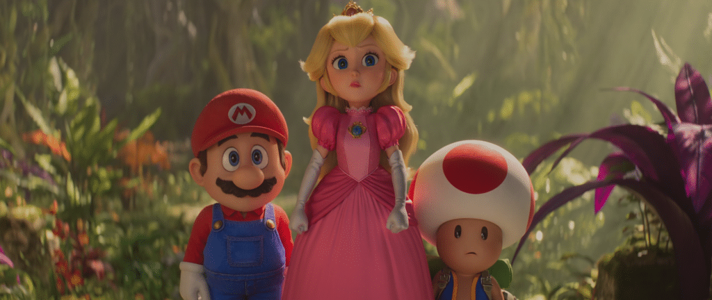 Mario, Princess Peach, and Toad in the Mushroom Kingdom.