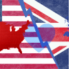 The American and UK flags, morphed together, as well as the outlines of each nation