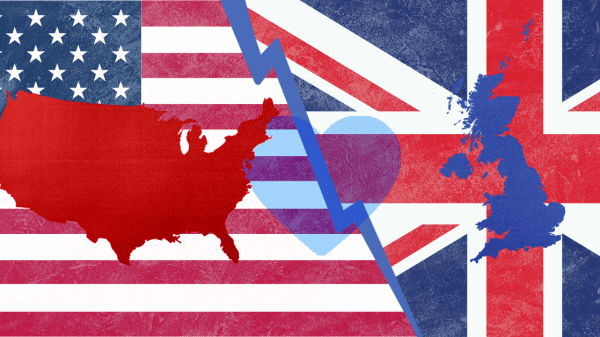 The American and UK flags, morphed together, as well as the outlines of each nation