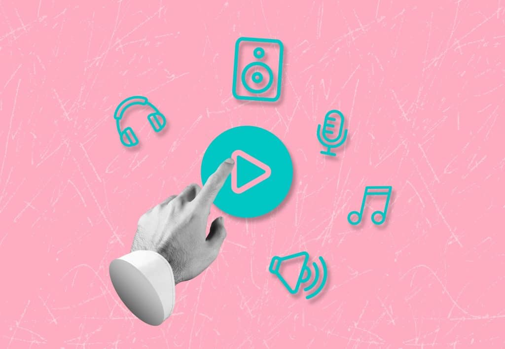 an index finger touching a play button with audio symbols surrounding showcasing the loss of touch and ownership in the digital age