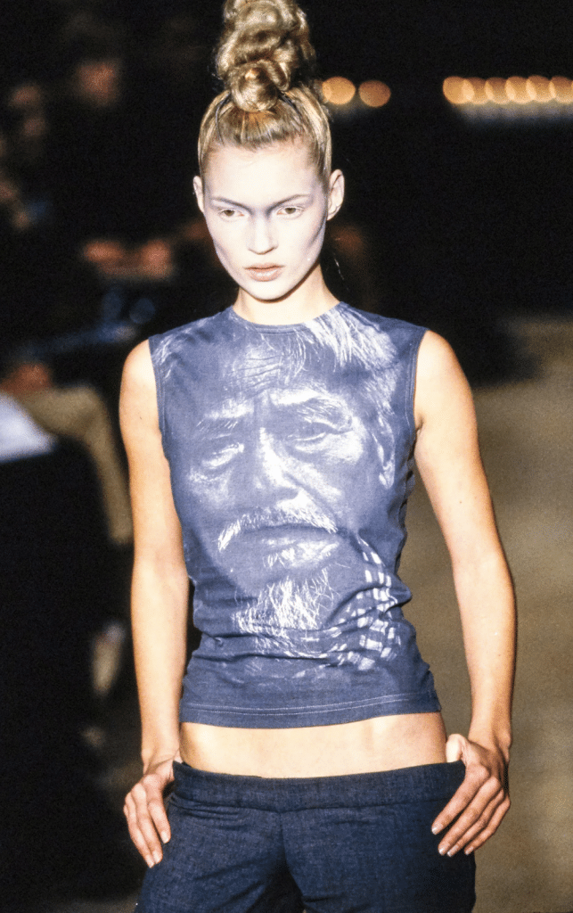 Kate Moss low rise runway look.