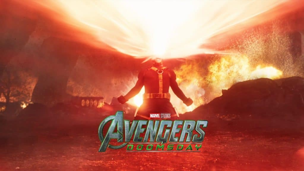 Thumbnail of X-Men teaser for Avengers: Doomsday with Cyclops (James Marsden) using his optic blasts from his visor with a Sentinel behind him