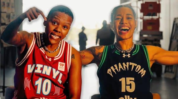 Courtney Williams and Natasha Cloud in an Unrivaled Basketball YouTube thumbnail.