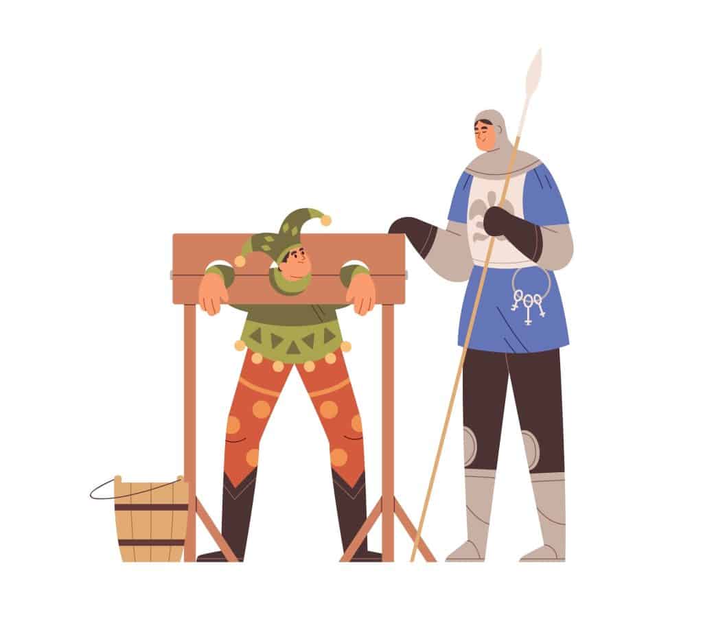 A man guarded in a pillory, an ancient humiliation device utilized as criminal punishment.