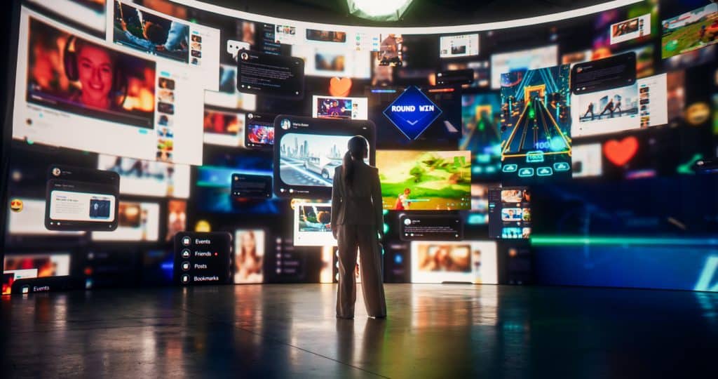 Woman stands in a dark room surrounded by a wall of social media distractions.