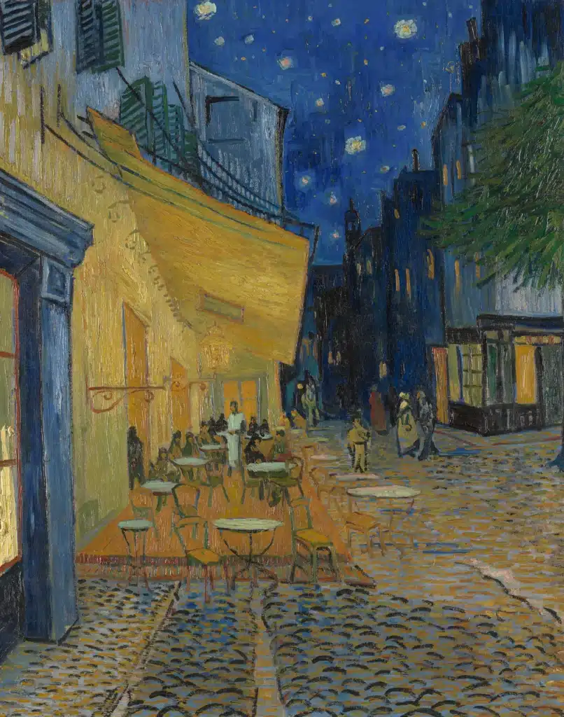A bar at night takes a big portion of the painting. There are busy tables laid out in the street, people walking and chattering and what seems to be a waiter taking an order. We can also notice trees in the foreground and shops windows under a starry night.