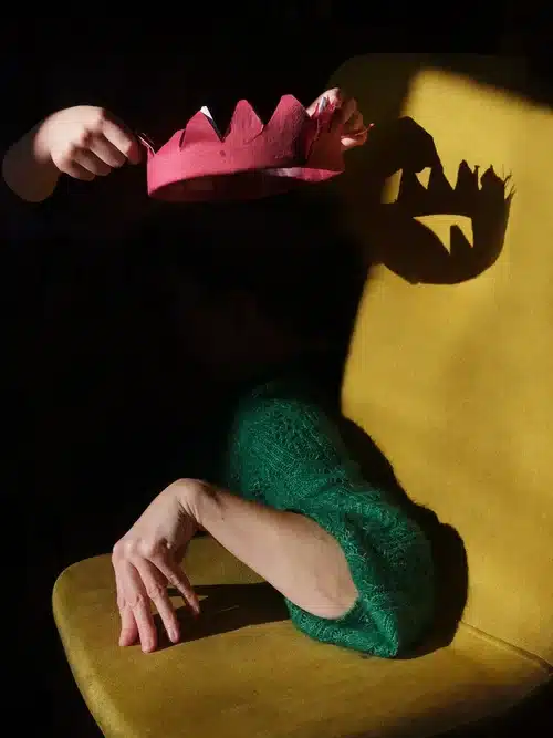 A full color photograph half hidden in shadow, showing a hand placing a crown on the shadow with an arm slightly below it.