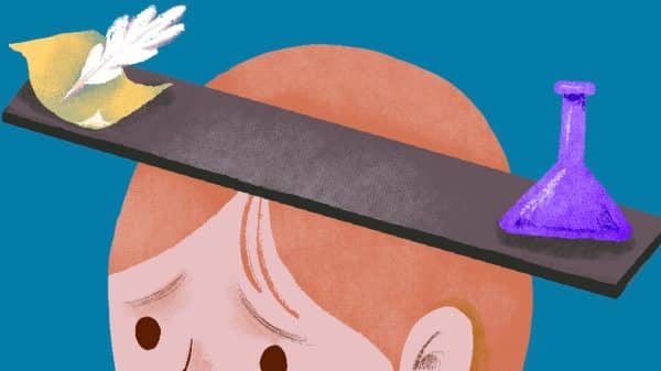 A head with a seesaw on it with a chemistry beaker on one side and a writing quill on the other, trying to figure out a decision.