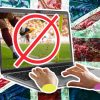 Image shows a Union Flag background with a laptop in the foreground. The laptop has a cross out sign on the screen. It is also showing a football match behind the cross out sign.