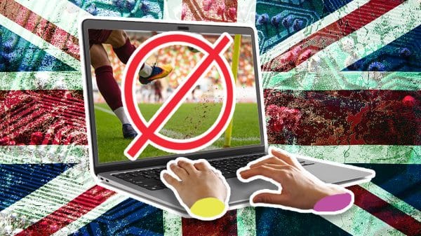 Image shows a Union Flag background with a laptop in the foreground. The laptop has a cross out sign on the screen. It is also showing a football match behind the cross out sign.