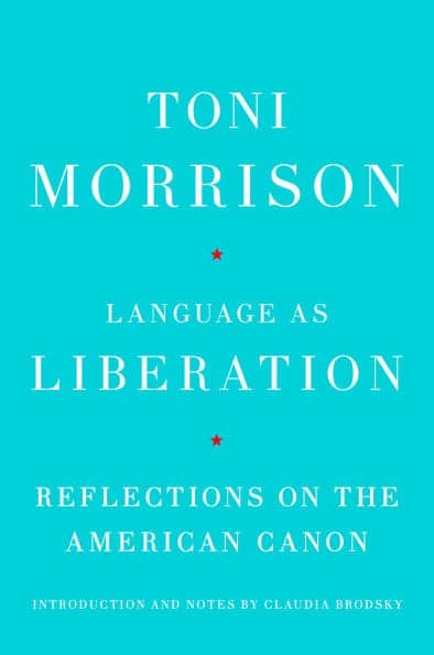 Cover art for "Language of Liberation" by Toni Morrison with a teal cover and red stars.