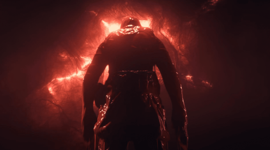 Image of Simon, drenched in blood with his back to the camera, facing the fragment of rapture head on. Everything is hues of red.