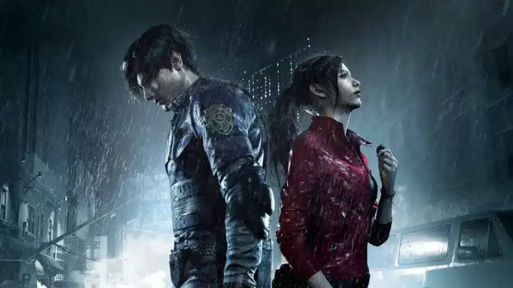 Two of the main characters standing back to back in the rain from the video game Resident Evil 2 remake.