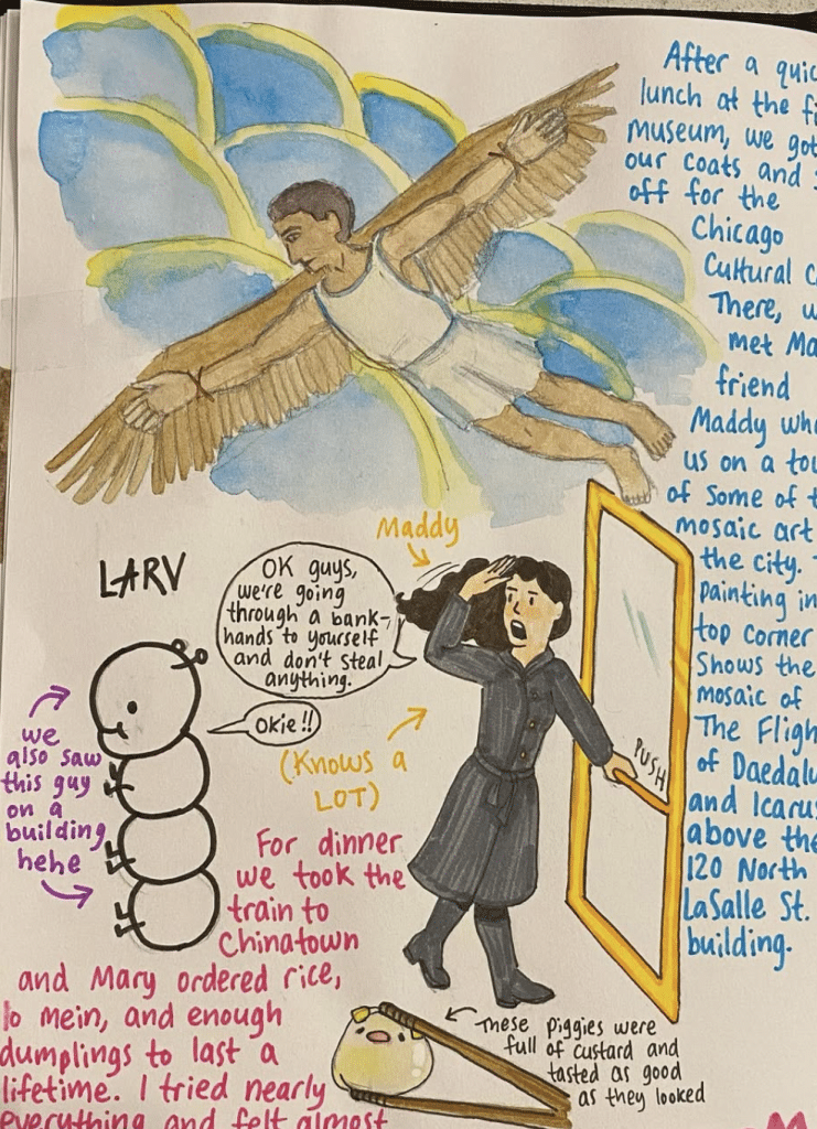 Drawings from my travel journal, including "Larv", the tag art caterpillar. (Maggie Breitenmoser)