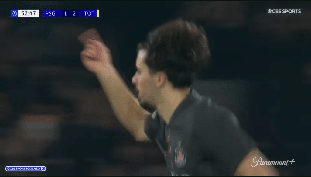 Vitinha celebrates his goal for PSG against Spurs in the Champions League.