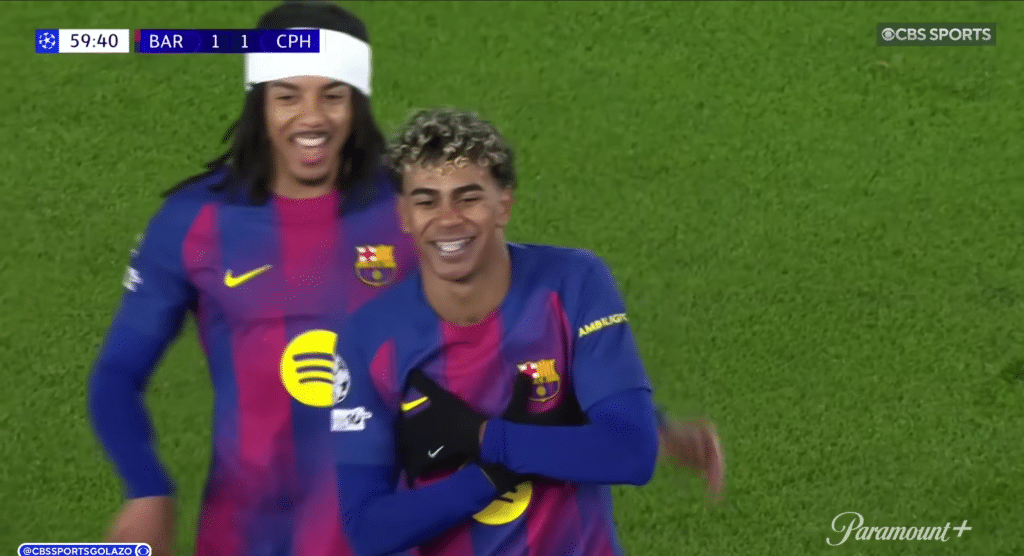 Lamine Yamal celebrates after scoring for Barcelona against Copenhagen in the Champions League