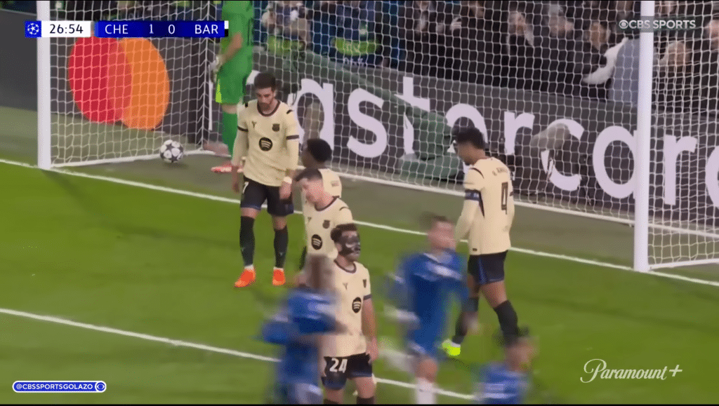 A moment of frustration for Barcelona after Chelsea’s breakthrough.