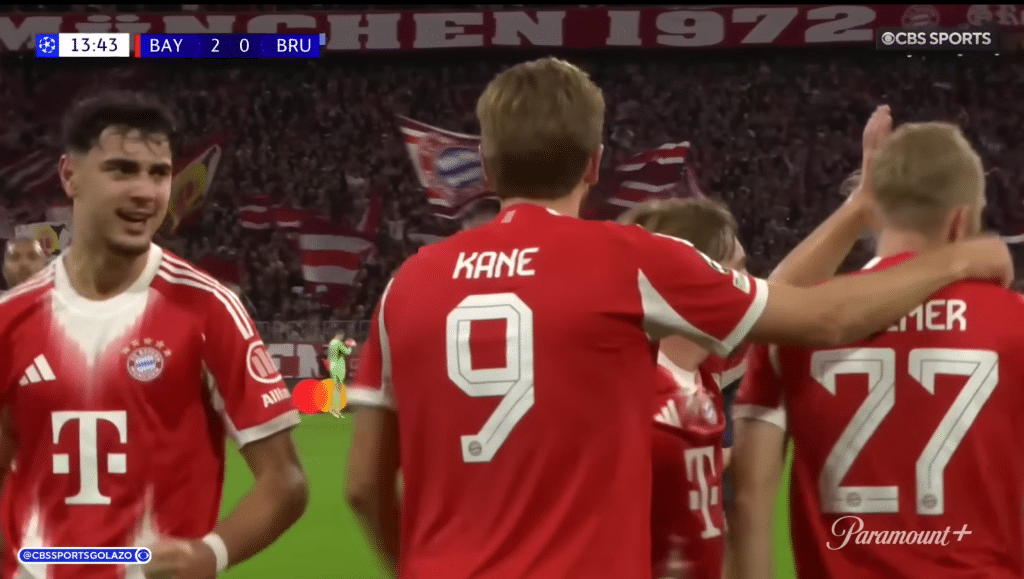 Harry Kane scores as Bayern Munich celebrate against Club Brugge