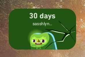 Scared Duolingo bird reminding my username of the 30 days it has been since I had opened the app.