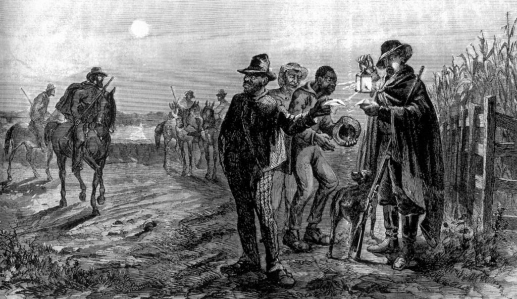 Historical illustration of a slave patrol stopping Black men in the American South.