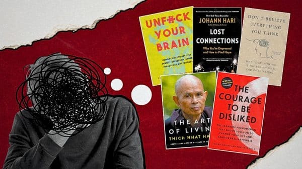 Depressed person with books featured in the article in a thought bubble
