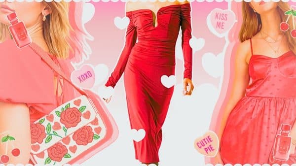 Valentine's Day fashion today represented through red and pink dresses and accessories
