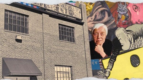 The building called The Arts where the gallery was held. Collage of protest art in the background.
