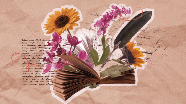 Flowers and books representing self-discovery and identity-based poems