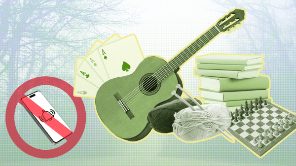 Foggy forest overlaid by green-color filtered guitar, cards, yarn, books and chess, with a red prohibition sign over a phone.