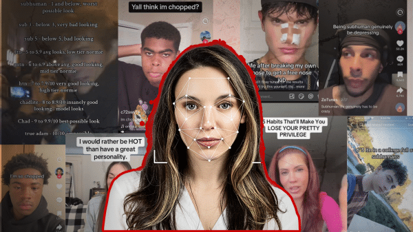 Woman's face with lines analyzing her facial structure, the background is a shadowy collage of TikToks of people discussing looksmaxxing, pretty privilege, and their appearance