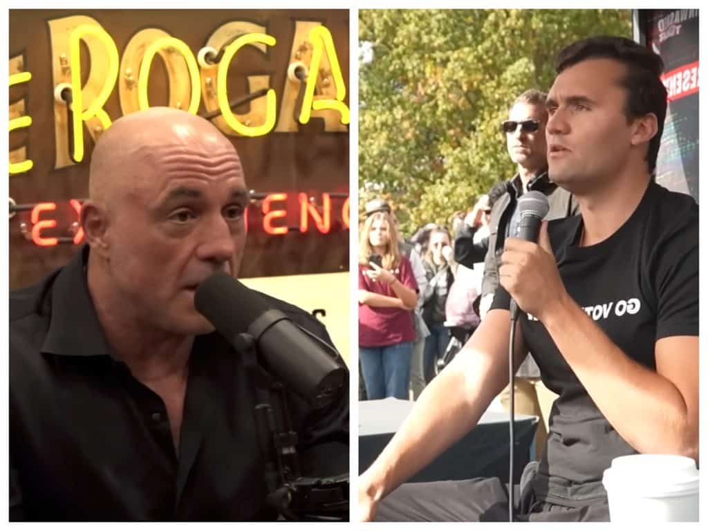 Left side is Joe Rogan speaking. Right side is Charlie Kirk debating with student.