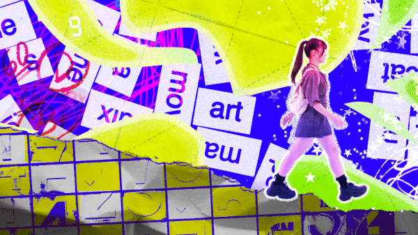 A student walking through a colorful collage of academic words and numbers.