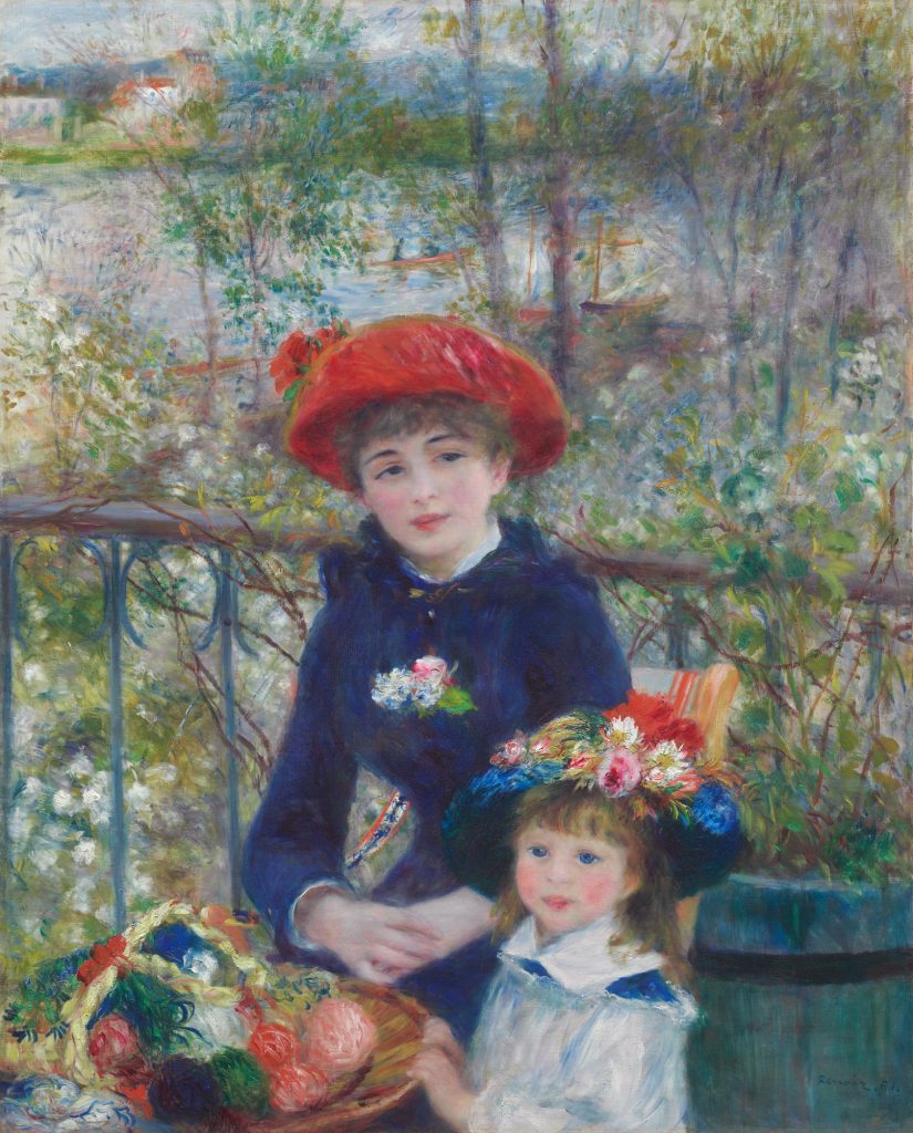 There are two girls facing the viewer, sitting in front of a beautiful green park. The older one, who wears a red hat with roses on it, looks behind the painter and sits elegantly. The younger one, a small kid who clings onto what could be her big sister, looks straight to the viewer, and seems a bit shy but also curious.