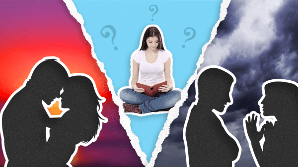 Split into 3 sections, each section having a stage of a relationship, lovey-dovey between a couple, loneliness with an individual, arguing between the couple.
