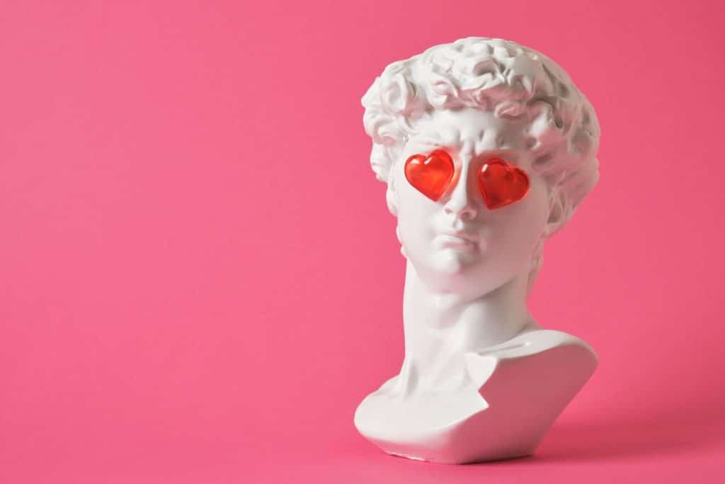 Fake bust of David with heart eyes.