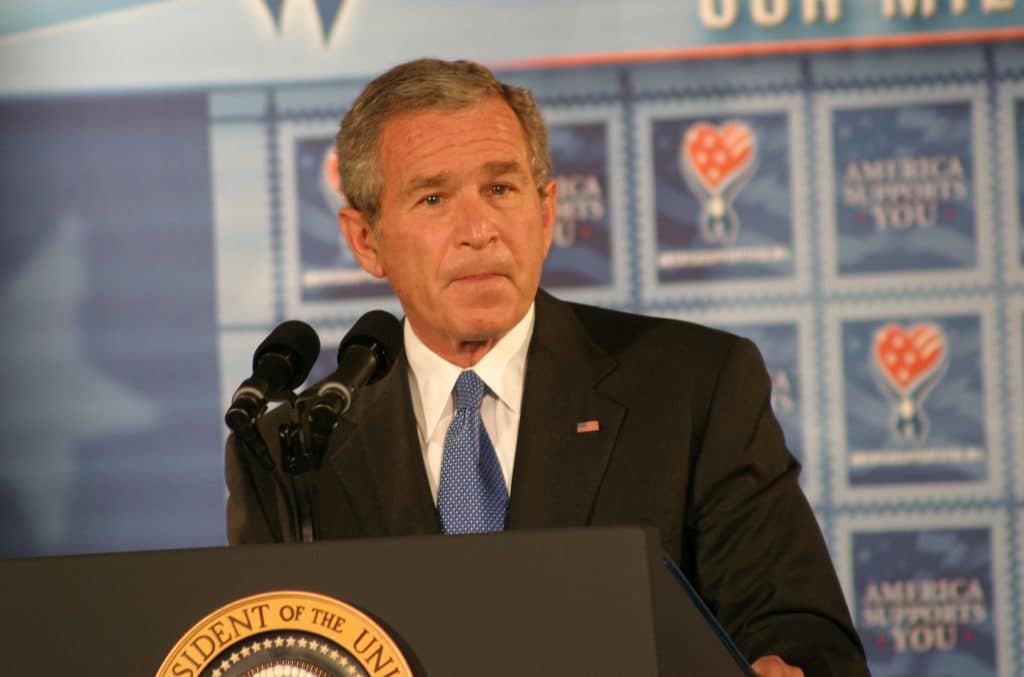 Picture of George W. Bush at a press conference.