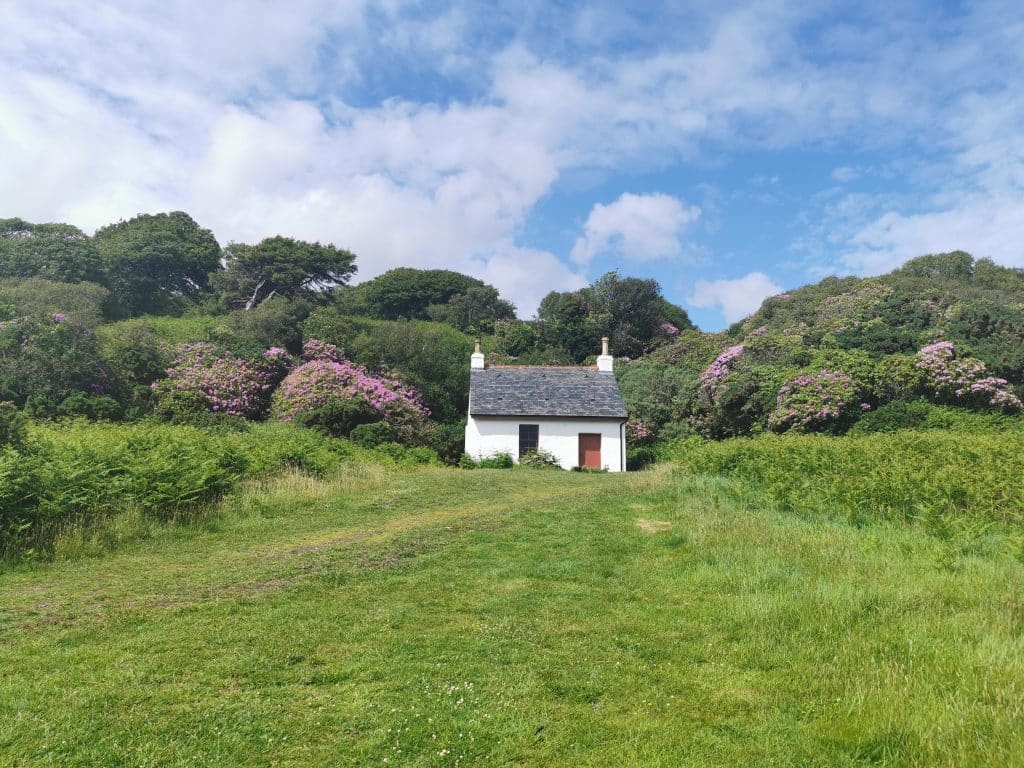 A cottage in Scottland surrounded by small hills with trees towering in the background