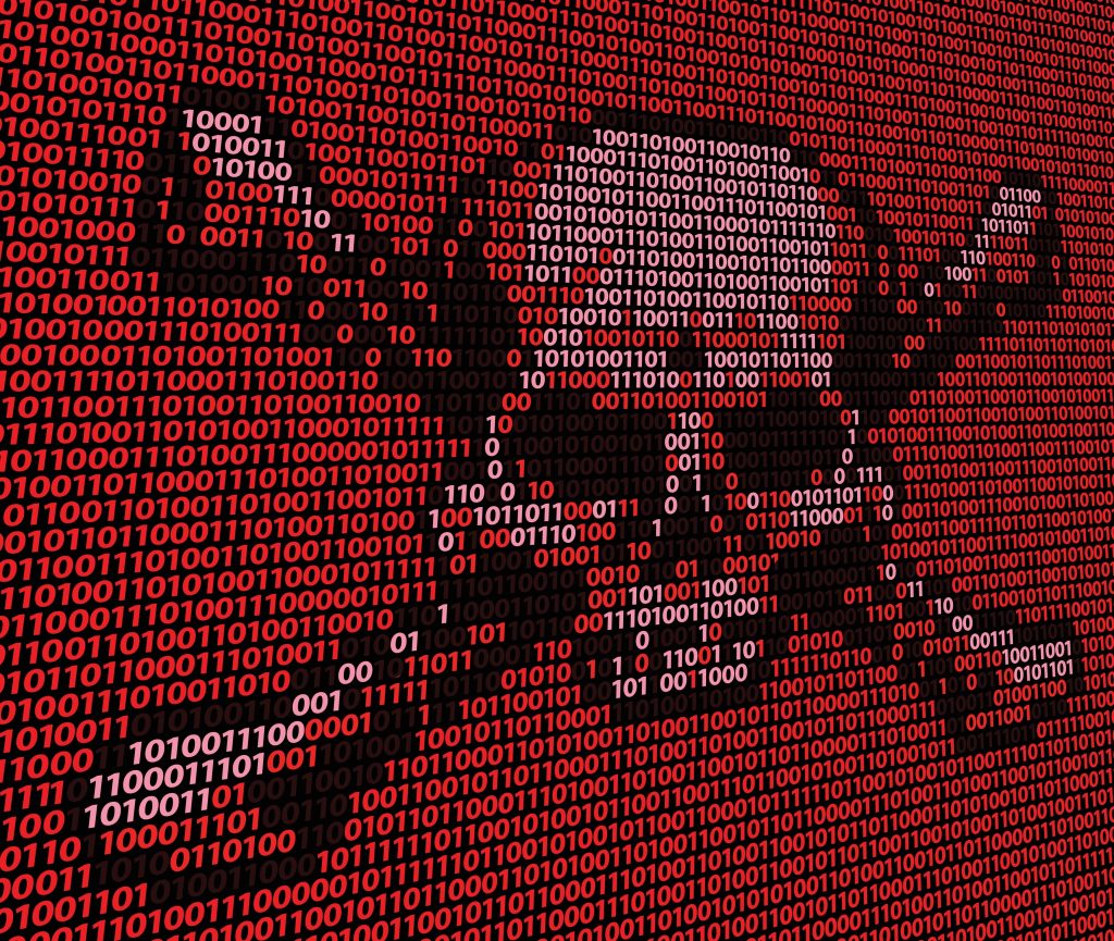 A red skull and cross bones made out of red coloured binary numbers 0 and 1