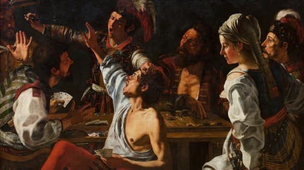 Dramatic scene with soldiers and card players. Soldiers in vibrant attire, card players in tense interaction. (Shutterstock)