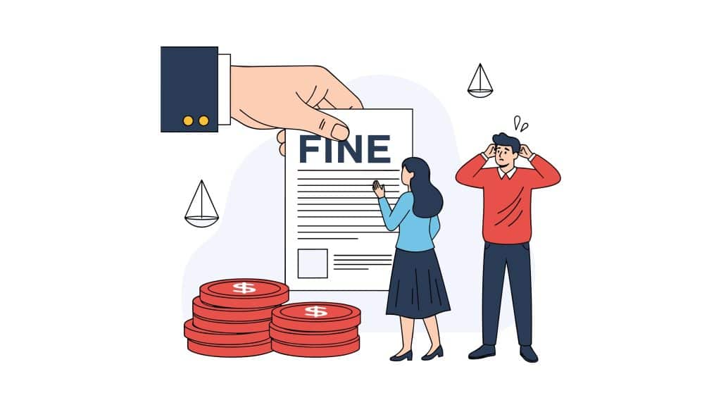 an arm of a person of authority handing a paper with fine written to a man and women with large pennies on the floor to show it's an expensive fine