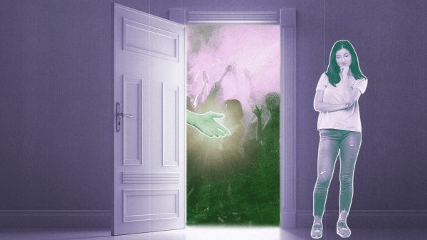 A girl stands beside an open door, a hand reaching through it toward her, and she debates whether to go out because socializing is hard.