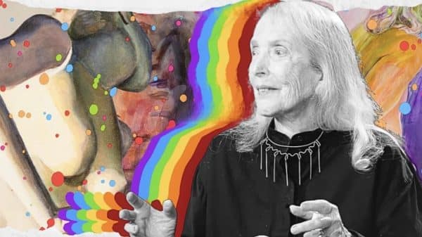 A picture of artist Joan Semmel is set in black and white in the foreground. In the background, rainbows and images of her work contrast colorfully.