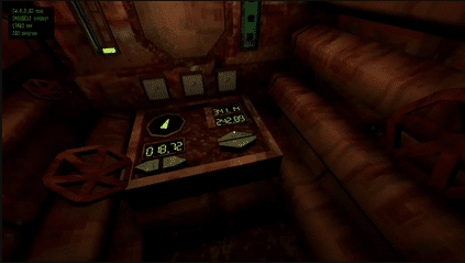 Image of the inside of the 'iron lung' and its control panel in the game. The colour theme is reminiscent of dried blood.