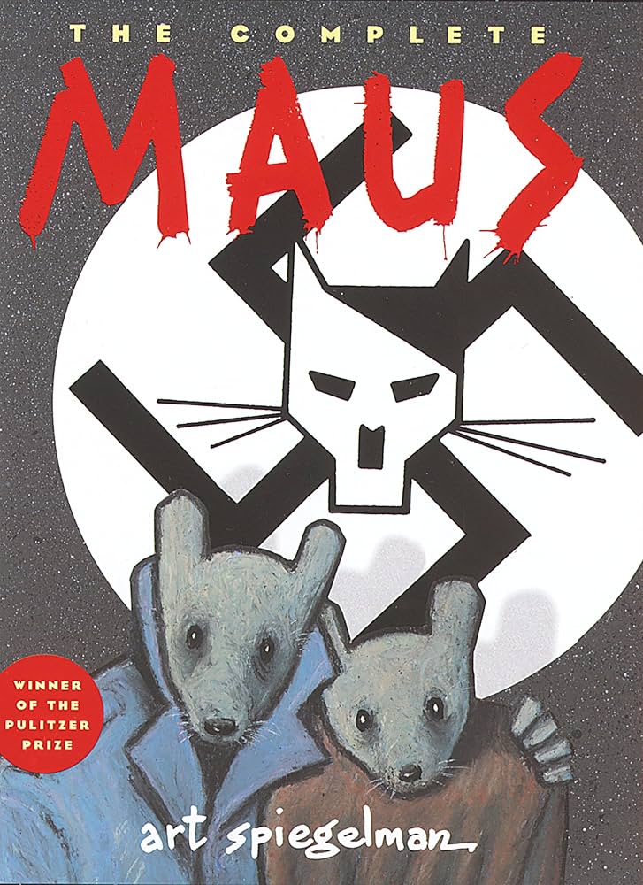 Cover art for the book Maus, featuring two mice under a swastika symbol